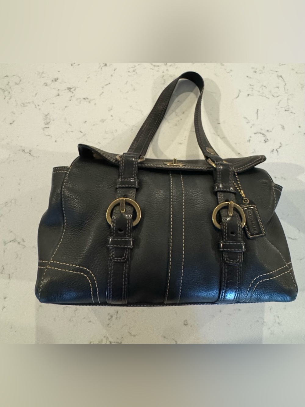 Vintage Coach Chelsea Black Pebble Leather Satchel Handbag with Brass Hardware